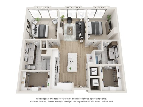 Floor plan for 2 beds, 2 baths, 1167 sqft